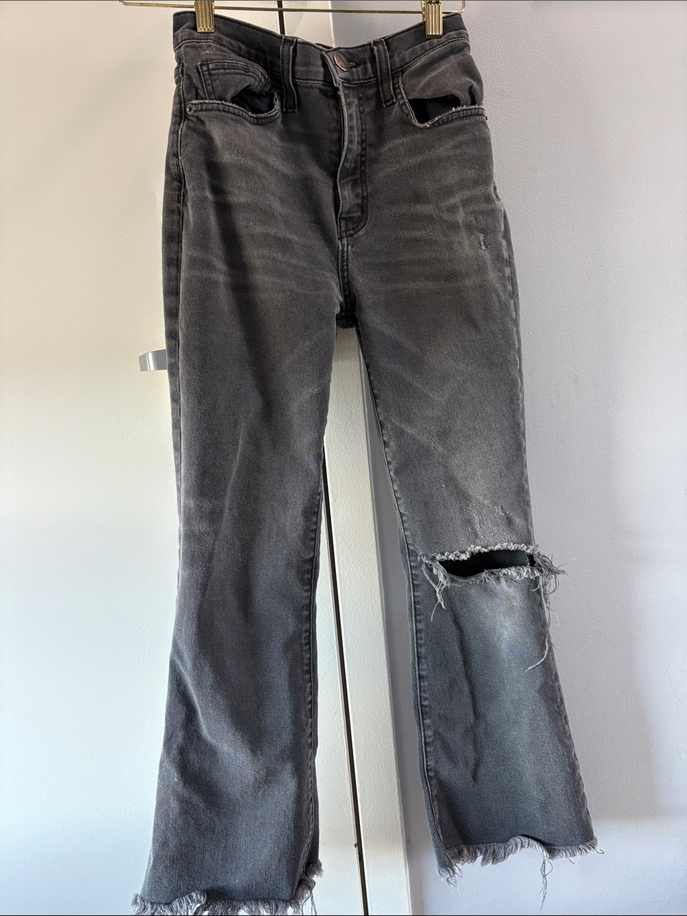 Current/Elliott Washed Black Flare Jeans with Knee Rip